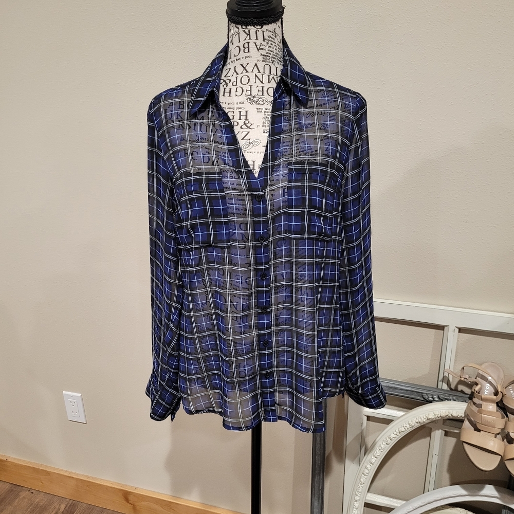 Express Blue and Black Plaid Button-Down Shirt